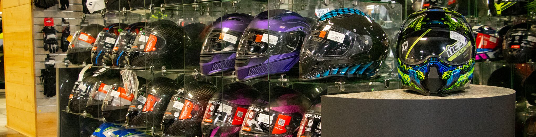 Picture of hattiesburg cycles helments on display